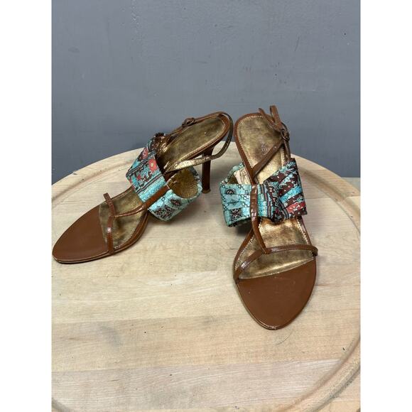 Nine West Strappy Heel Stacked Heel Womens‎ 9M Brown Floral Retro - Picture 1 of 8